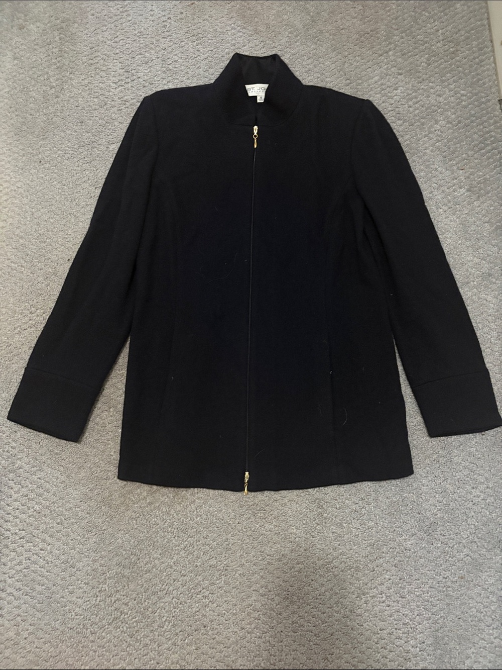 St. John Black Zip-Front Stand Collar Jacket 10 Large